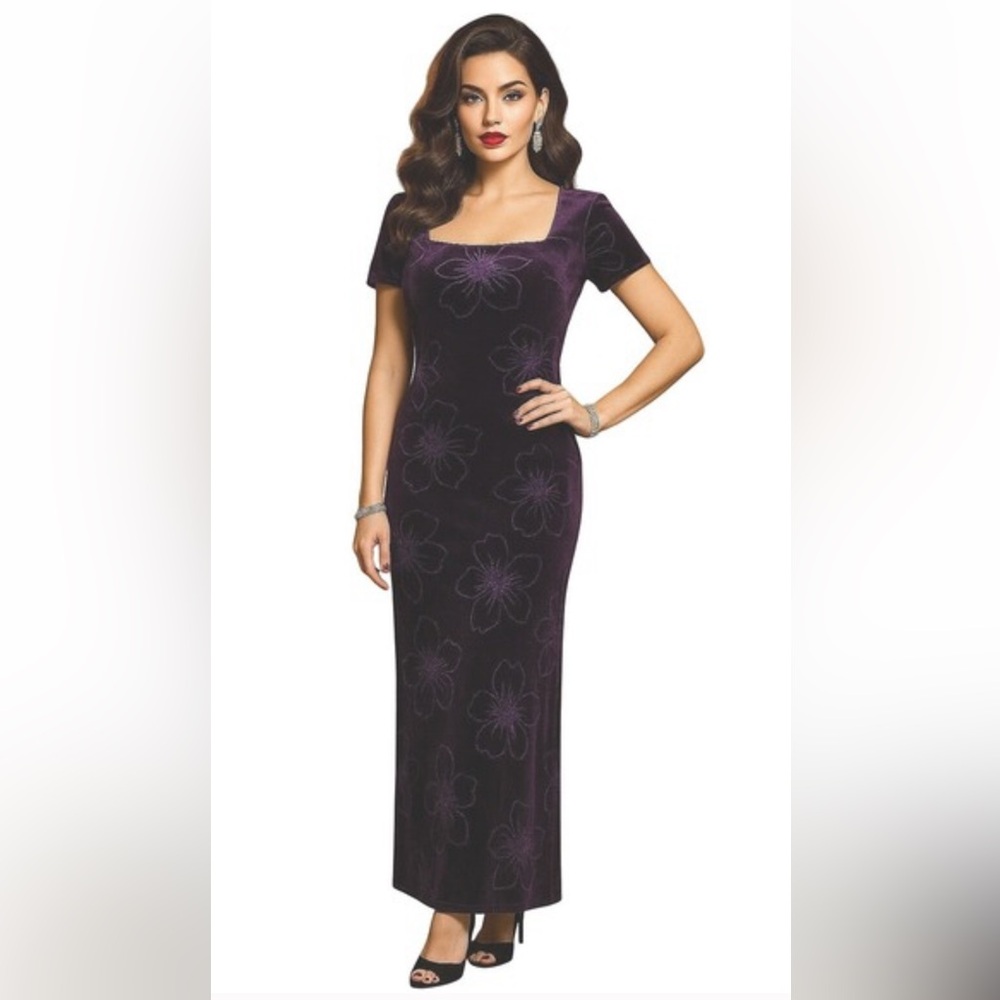 Dawn Joy Vtg 90’s Deep Purple Floral Velvet Maxi Dress Sz 9/10 Whimsigoth Formal